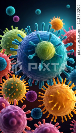 Various colorful viruses seen under a microscope 113723203