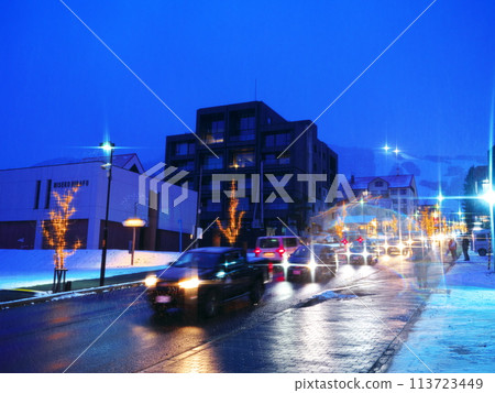 View of the Suiboku Building and the night slopes of Niseko Tokyu Grand Hirafu from Niseko Hirafu Hill 113723449