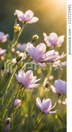 Spring flowers emerging gently, a burst of life in a minimalist landscape. Softly out of focus, lending an ethereal charm 113723491