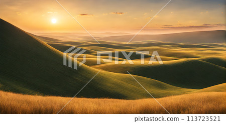 Landscape bathed in the glow of a radiant sun embodying minimalism Landscape bathed in the glow of a radiant sun embodying minimalism 113723521