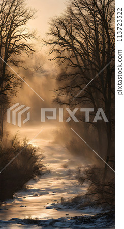Minimalist landscape with stark tree silhouettes and a meandering stream Minimalist landscape with stark tree silhouettes and a meandering stream 113723522