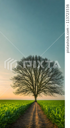 Bright sunlight over serene landscape, minimalistic scenery with single tree 113723536