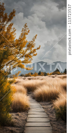 Depiction of springtime nature embodying minimalism. First buds weaving through a tapestry of lush foliage Depiction of springtime nature embodying minimalism. First buds weaving through a tapestry of lush foliage 113723537