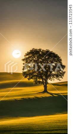 Minimalist summer landscape basking under the bright sun, sparse trees dotting the horizon, clear blue sky 113723545