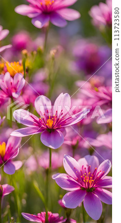 Spring flowers emerging gently, a burst of life in a minimalist landscape. Softly out of focus, lending an ethereal charm Spring flowers emerging gently, a burst of life in a minimalist landscape. Softly out of focus, lending an ethereal charm 113723580