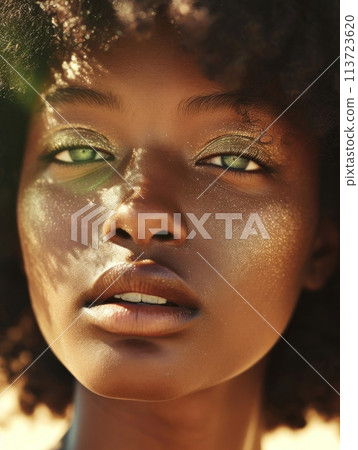Captivating close up of a afro american woman's face basking in golden sunlight 113723620