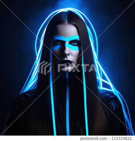 Mystique meets futurism in this captivating portrait, featuring bold neon stripes 113723622