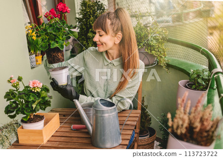 Gardener Woman Taking Care of Plants and Flowers Gardener Woman Taking Care of Plants and Flowers 113723722