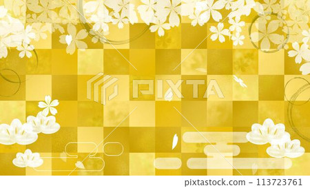 A Japanese-style background material of plum and pine with cherry blossom petals falling on gold leaf. A Japanese-style background material of plum and pine with cherry blossom petals falling on gold leaf. 113723761