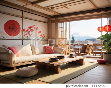 Interior of a Japanese-style living room with a wooden sofa, a coffee table and a view of Mount Fuji Interior of a Japanese-style living room with a wooden sofa, a coffee table and a view of Mount Fuji 113723802