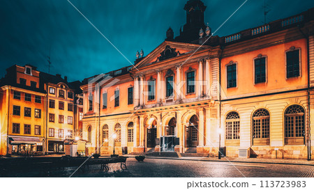 Stockholm, Sweden. Famous Old Swedish Academy and Nobel Museum In Old Square Stortorget In Gamla Stan. Famous Landmarks And Popular Place Stockholm, Sweden. Famous Old Swedish Academy and Nobel Museum In Old Square Stortorget In Gamla Stan. Famous Landmarks And Popular Place 113723983