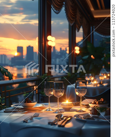 A luxurious dinner table in a pleasant atmosphere. The beautiful scenery makes for a wonderful night. Images like this are often used to post on social media, write blogs or set as wallpaper. 113724020