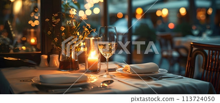 A luxurious dinner table in a pleasant atmosphere. The beautiful scenery makes for a wonderful night. Images like this are often used to post on social media, write blogs or set as wallpaper. 113724050