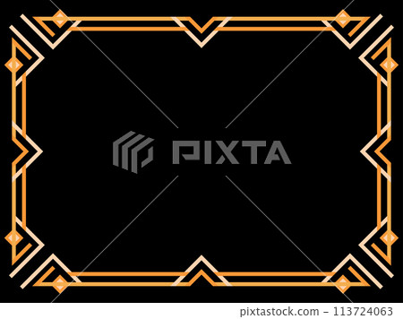 Art deco frame. Vintage linear border. Geometric frame in gold color in line art style with space for text. Design a template for invitation, leaflet and greeting card. Vector illustration 113724063