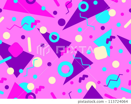 Geometric seamless pattern with memphis elements in 80s style. Colorful geometric pattern. Design of promotional products, wrapping paper and printing. Vector illustration 113724064