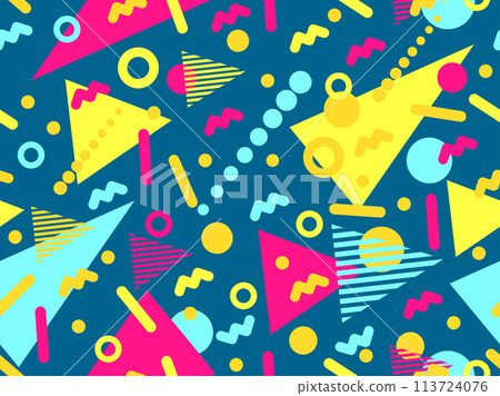 Memphis seamless pattern with geometric shapes in 80s and 90s style. Geometric shapes of different shapes and colors. Design of promotional products, wrapping paper and printing. Vector illustration Memphis seamless pattern with geometric shapes in 80s and 90s style. Geometric shapes of different shapes and colors. Design of promotional products, wrapping paper and printing. Vector illustration 113724076