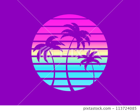Tropical palm trees at sunset in a futuristic 80s style. Summer time, silhouettes of palm trees in synthwave and retrowave style. Design of advertising booklets and banners. vector illustration Tropical palm trees at sunset in a futuristic 80s style. Summer time, silhouettes of palm trees in synthwave and retrowave style. Design of advertising booklets and banners. vector illustration 113724085