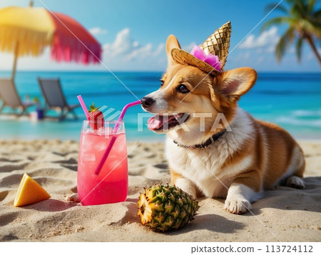 Happy cute domestic corgi dog on the sand on a tropical beach near the sea ocean, on vacation, tourism concept. 113724112