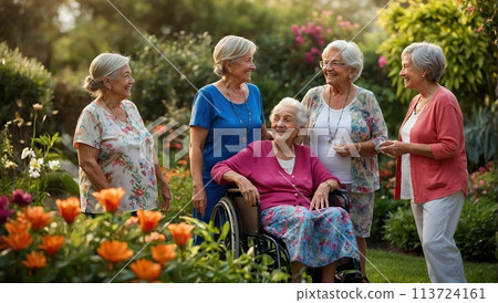 Happy elderly seniors in nursing home, Outdoors in the park. Happy elderly seniors in nursing home, Outdoors in the park. 113724161