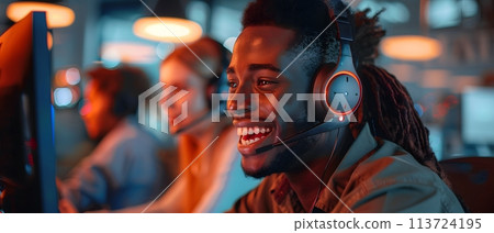 Illustration of call center worker wearing over-ear headphones for company business help desk and telephone assistance concept. Smiling while talking People talking on the phone will feel friendly. 113724195