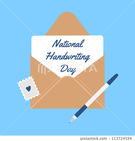 National Handwriting Day vector illustration. January 23. Envelope with a letter inside, a pen and a stamp. Holiday concept 113724584