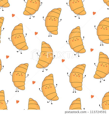 Seamless pattern with cute croissant characters with face with different emotions, hands and legs. Funny, happy cartoon mascot. Vector flat illustration Seamless pattern with cute croissant characters with face with different emotions, hands and legs. Funny, happy cartoon mascot. Vector flat illustration 113724591