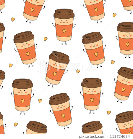 Seamless pattern with cute paper coffee cup character with smiling face, hands and legs. Funny, happy cartoon mascot. Vector flat illustration 113724624