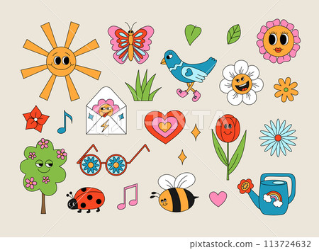 Retro 70s groovy spring and summer elements set. Funky hippie stickers with cartoon flowers, leaves, tree, grass, bird, insects, heart, sun, sunglasses, watering can etc. Isolated vector illustration Retro 70s groovy spring and summer elements set. Funky hippie stickers with cartoon flowers, leaves, tree, grass, bird, insects, heart, sun, sunglasses, watering can etc. Isolated vector illustration 113724632