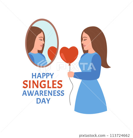 Happy Singles Awareness Day concept. Lonely girl holds out a heart balloon to her reflection in the mirror. February holiday vector illustration Happy Singles Awareness Day concept. Lonely girl holds out a heart balloon to her reflection in the mirror. February holiday vector illustration 113724662