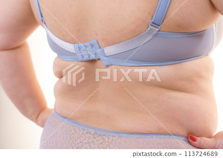 Woman wearing bra back view. Clasp band detail. 113724689