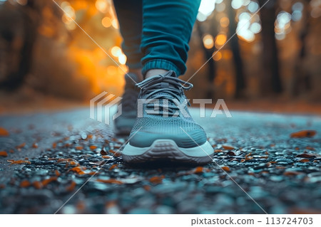 Close-up of a person's shoe while walking. Suitable for accompanying articles about the walking benefits, articles recommending places to walk for exercise, posting pictures with quotes about walking Close-up of a person's shoe while walking. Suitable for accompanying articles about the walking benefits, articles recommending places to walk for exercise, posting pictures with quotes about walking 113724703