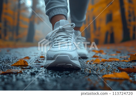 Close-up of a person's shoe while walking. Suitable for accompanying articles about the walking benefits, articles recommending places to walk for exercise, posting pictures with quotes about walking 113724720
