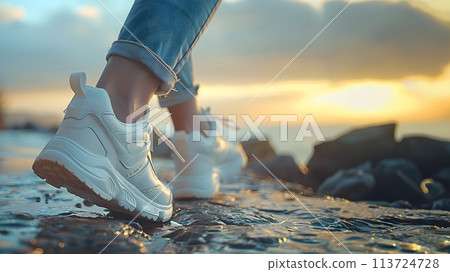 Close-up of a person's shoe while walking. Suitable for accompanying articles about the walking benefits, articles recommending places to walk for exercise, posting pictures with quotes about walking Close-up of a person's shoe while walking. Suitable for accompanying articles about the walking benefits, articles recommending places to walk for exercise, posting pictures with quotes about walking 113724728