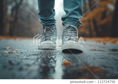 Close-up of a person's shoe while walking. Suitable for accompanying articles about the walking benefits, articles recommending places to walk for exercise, posting pictures with quotes about walking 113724756