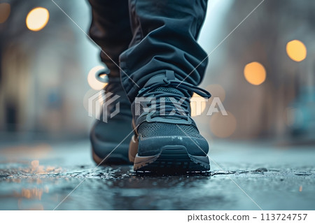Close-up of a person's shoe while walking. Suitable for accompanying articles about the walking benefits, articles recommending places to walk for exercise, posting pictures with quotes about walking 113724757