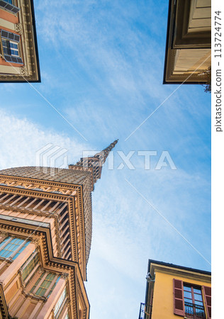 Turin Mole Antonelliana tower symbol of the city Italy Bottom view Turin Mole Antonelliana tower symbol of the city Italy Bottom view 113724774