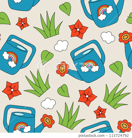 Seamless pattern with watering can, flowers, leaves and grass. Spring, summer garden concept. Retro style cartoon vector illustration 113724792