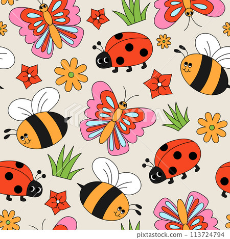 Seamless pattern with insects, flowers and grass. Butterfly, ladybug and bee. Spring, summer garden concept. Retro style cartoon vector illustration 113724794