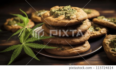 tasty chocolate cookies with cannabis 113724814