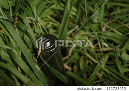 A spent finger battery on withering grass. Close-up. 113725053