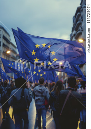 people carrying european flags, generative AI 113725074