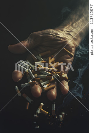 cigarette butts in senior man hand, generative AI 113725077