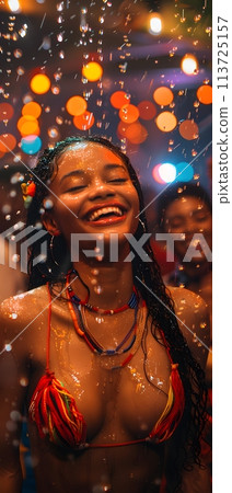A beautiful woman who is extremely happy, It was as if in her mind she saw herself happily dancing outdoors with her friends in the rain the lights lit up with beautiful colors refreshing atmosphere. A beautiful woman who is extremely happy, It was as if in her mind she saw herself happily dancing outdoors with her friends in the rain the lights lit up with beautiful colors refreshing atmosphere. 113725157