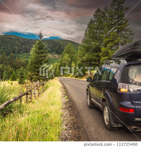 car for traveling with a mountain road 113725400
