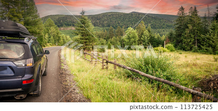 car for traveling with a mountain road 113725425