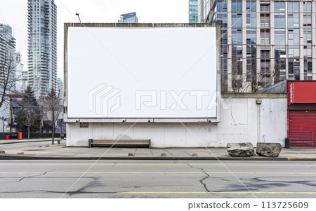 Large, blank billboard stands prominently in an urban environment, surrounded by high-rise buildings and city infrastructure. Billboard provides a clear canvas for potential advertising or messaging. Large, blank billboard stands prominently in an urban environment, surrounded by high-rise buildings and city infrastructure. Billboard provides a clear canvas for potential advertising or messaging. 113725609