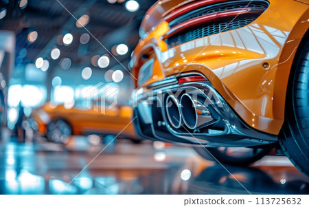 The stylish, dual chrome tailpipes of a luxury sports car, standing out against the vivid lighting of the display area. The stylish, dual chrome tailpipes of a luxury sports car, standing out against the vivid lighting of the display area. 113725632