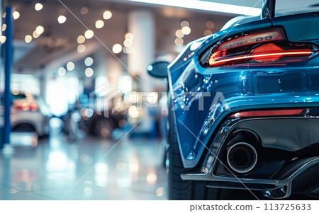 The powerful dual exhaust pipes of a high-performance sports car, gleaming in the showroom lights and hinting at the vehicle's impressive capabilities. The powerful dual exhaust pipes of a high-performance sports car, gleaming in the showroom lights and hinting at the vehicle's impressive capabilities. 113725633