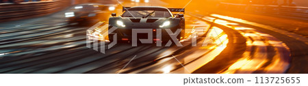 A dynamic snapshot of a race car overtaking competitors on the track at sunset, showcasing the essence of high-stakes motor racing. 113725655