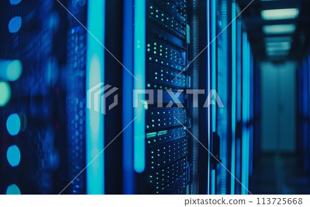 A long, dimly-lit corridor filled with rows of glowing server racks, creating a captivating, technological landscape. 113725668